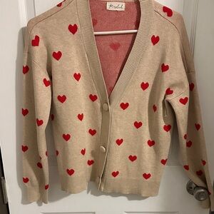 Marled Beige Cardigan with Red Heart Accents medium